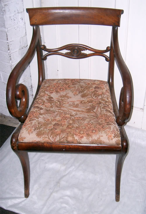 For Sale - A very good Regency mahogany carver chair with nice cross rail scroll arms drop in seat and sabre front legs